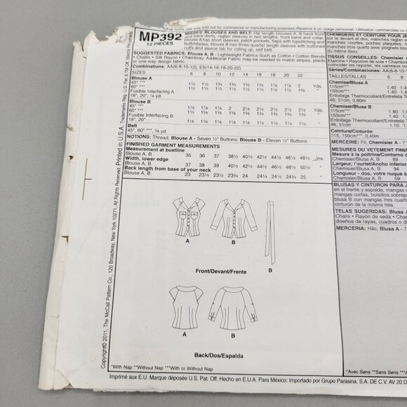 McCalls MP392 Womens Sewing Pattern E5 Size 14-22 Stylish Tops Uncut - Picture 4 of 4